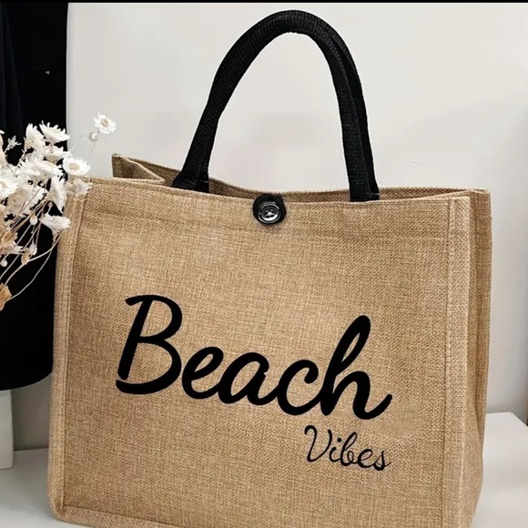 NIP! Beach Print Burlap Tote Bag - Picture 1 of 5